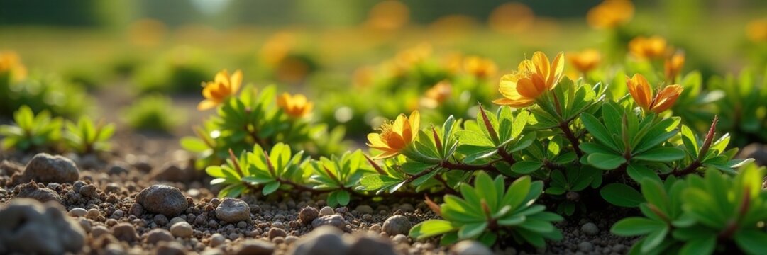 Creeping branches of Tribulus terrestris spreading across the ground, thorny vegetation, creepers, bushes