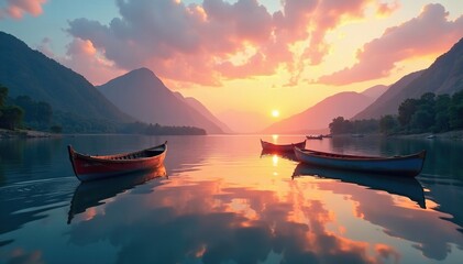 Boats on Umngot River Dawki with reflected sky, reflection, water