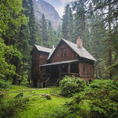 Rustic Cabin in Dense Forest with Mountain View