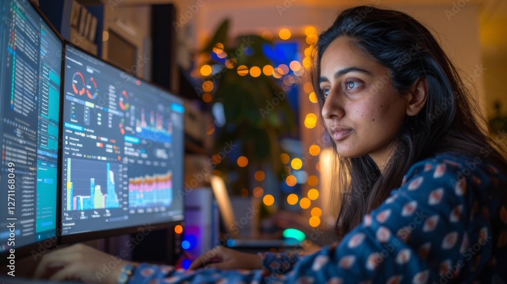 Aufkleber focused individual engaging in data analysis while surrounded by glowing screens and cozy lighting i