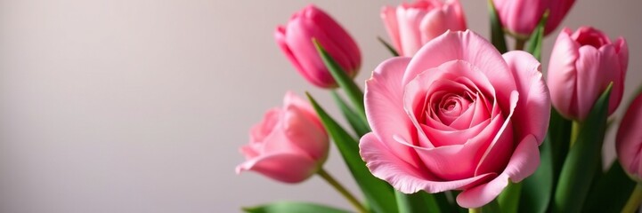 Obraz premium Exquisite pink rose and tulip mix in a elegant bouquet, rose and tulip bouquet, floral arrangement