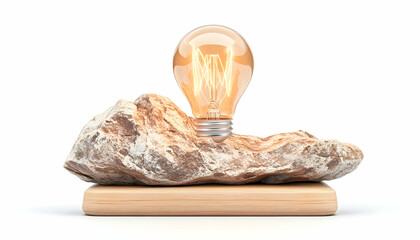 Glowing bulb atop rock, wood base. Concept of ideas, light, energy for display