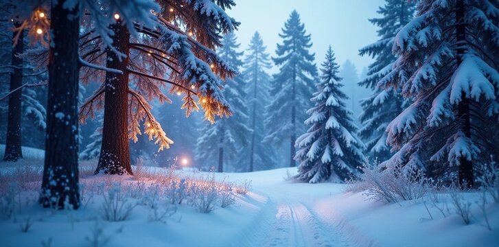 Frosty forest landscape with snow-covered trees and twinkling lights, snowy, forest