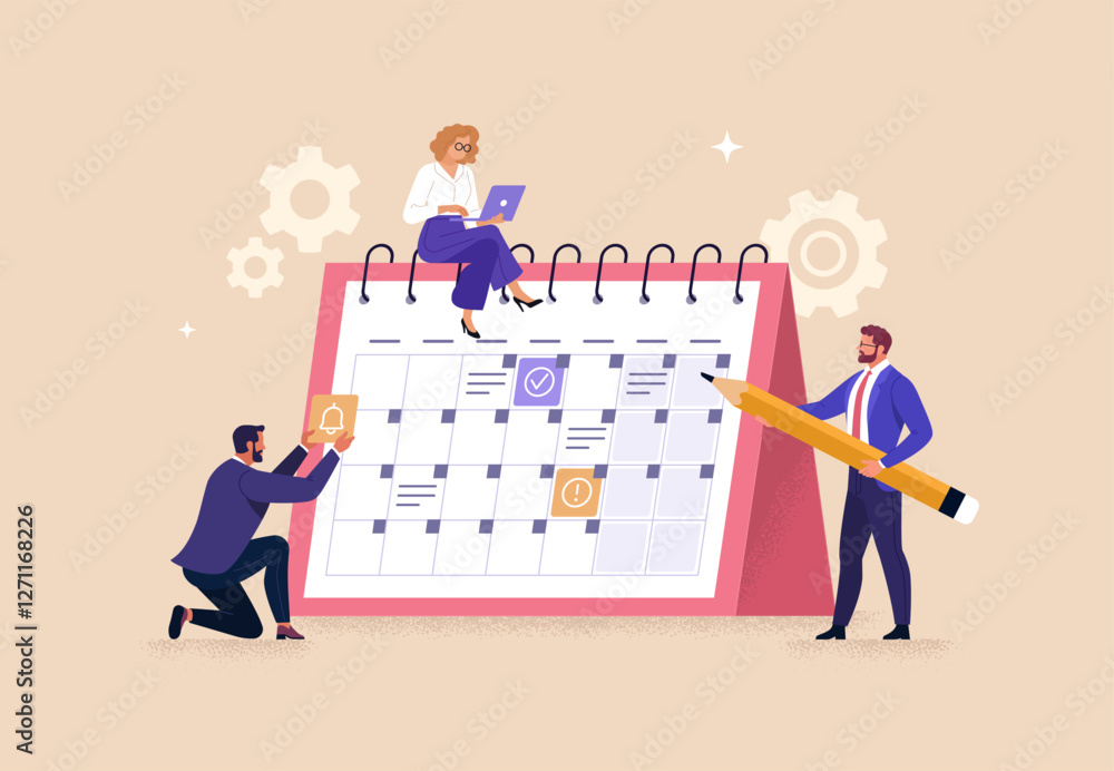Poster business planning concept. vector cartoon illustration of a group of people in business outfits maki