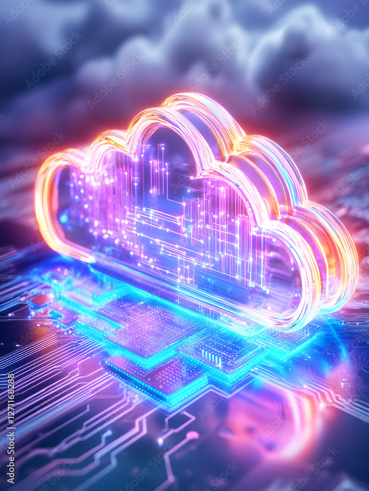 Poster glowing cloud data on a chip, against dark clouds. used for tech concepts