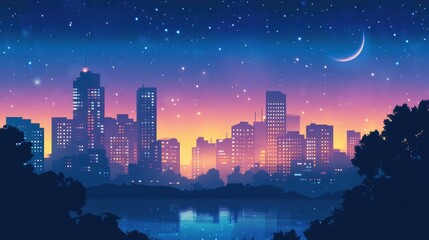 Cityscape at Night Under a Starry Sky
