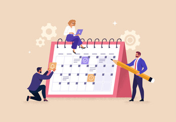 Business Planning Concept. Vector cartoon illustration of a group of people in business outfits making notes on a calendar with tasks Isolated on background