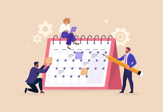 Business Planning Concept. Vector cartoon illustration of a group of people in business outfits making notes on a calendar with tasks Isolated on background