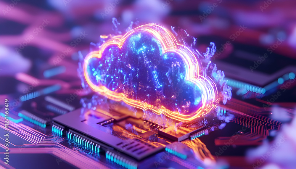 Poster glowing cloud on circuit board symbolizes digital cloud computing and connectivity
