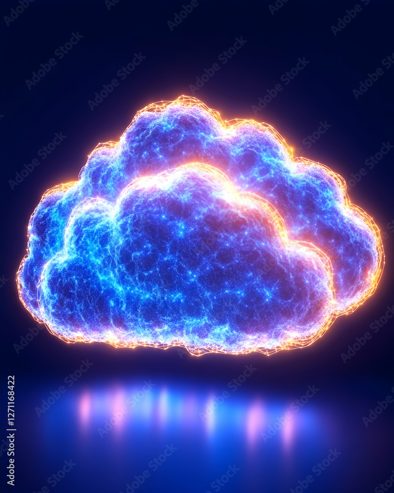 Poster glowing cloud rendering against a dark background. cloud computing graphic