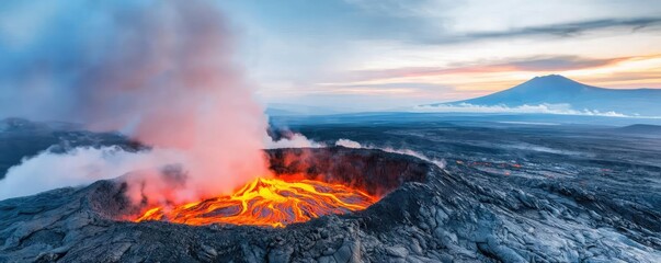 Fototapeta premium Volcanic landscapes idea. A breathtaking view of an active volcano with flowing lava against a sunset background.