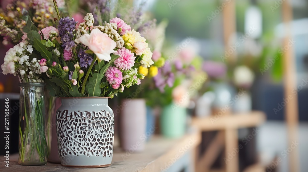 Aufkleber colorful array of fresh flowers in decorative vases arranged beautifully in a bright space : generat