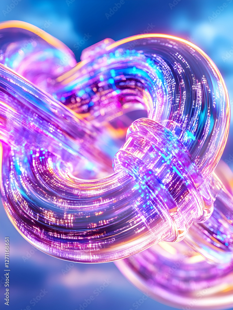 Poster glowing interconnected links on sky background, symbolising connection or digital data