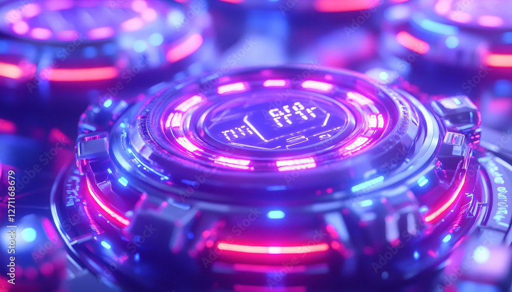 Poster glowing hi-tech futuristic round gadgets in a circular pattern for tech illustration