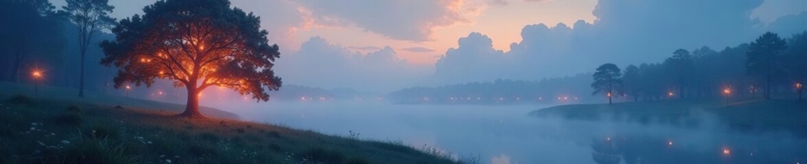 Ethereal misty landscape with glowing trees and shimmering lights, peaceful, ethereal, otherworldly