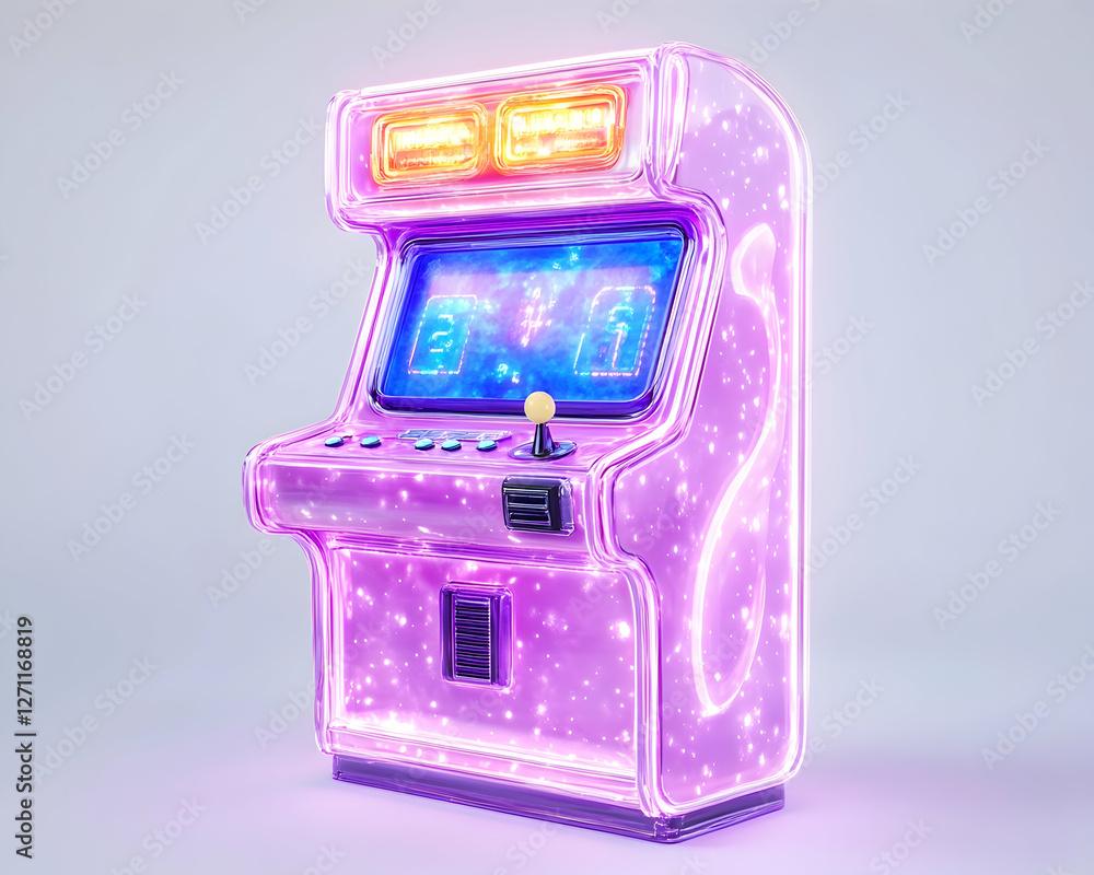 Poster glowing purple arcade game machine. background is blurred. isolated use for retro theme