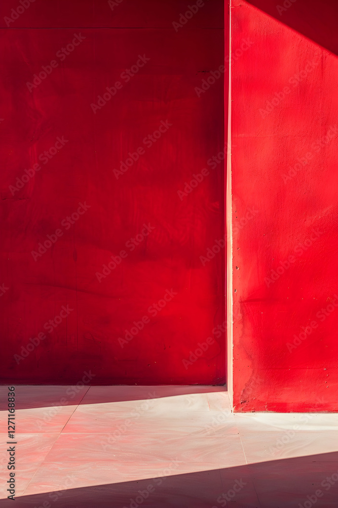 Poster vibrant red architectural walls with soft shadows in a minimalist urban setting