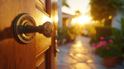 Obraz premium Sunset view through open door, garden path, home entrance