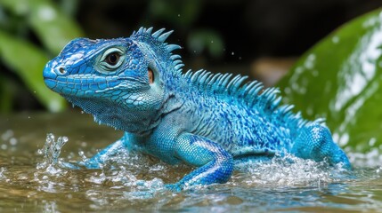 Obraz premium A beautifully detailed portrait of a green basilisk lizard running across the surface of a jungle river, water splashing around its feet.