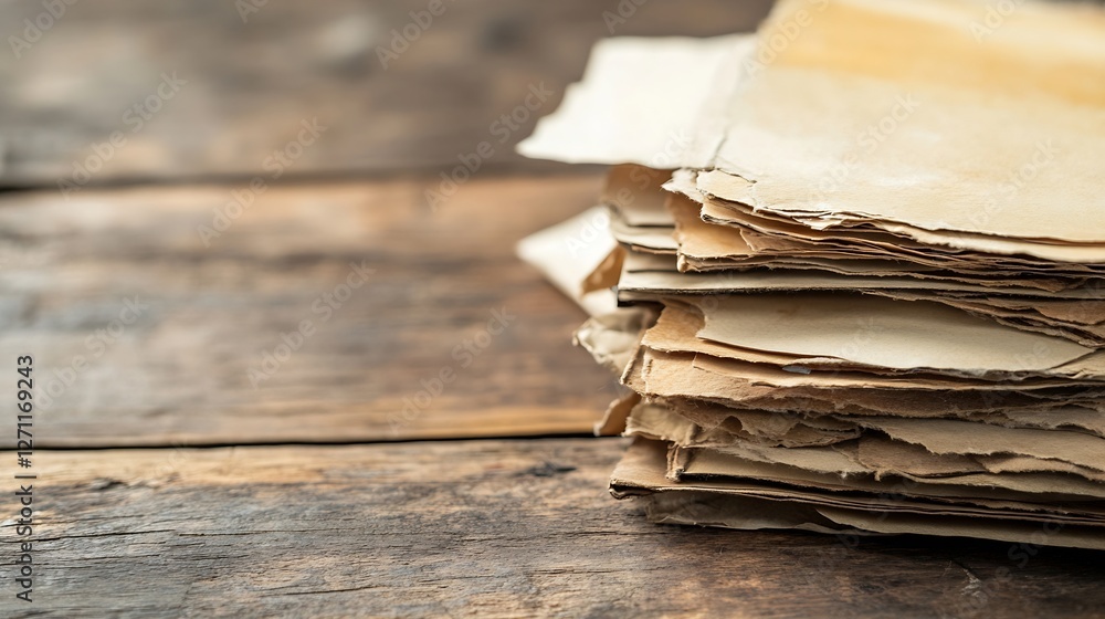 Poster stack of old paper sheets on rustic wooden surface showcasing natural texture and vintage appeal : g