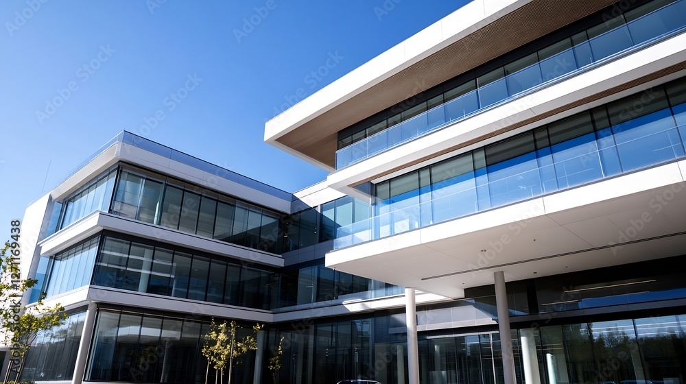 Poster modern architectural design of a sleek office building with large glass windows under a clear blue s
