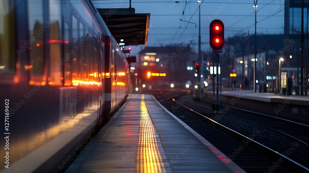 Poster Late evening view of a railway station platform with train lights and illuminated traffic signals : Generative AI