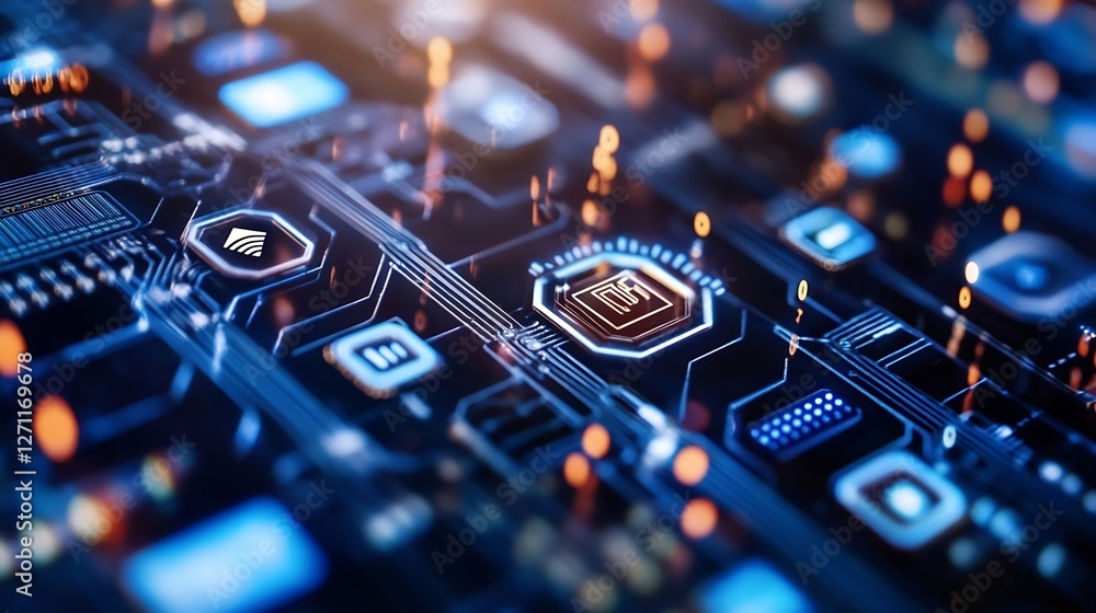 Fototapete CloseUp of Circuit Board with Microchips and Advanced Technology Components : Generative AI