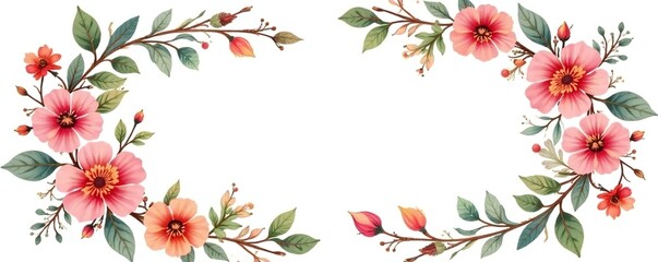 Fototapeta premium Whimsical floral wreath on a handdrawn ribbon, leaves, nature, ornamental
