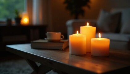 Softly glowing candles on a wooden coffee table, cozy, dim lighting