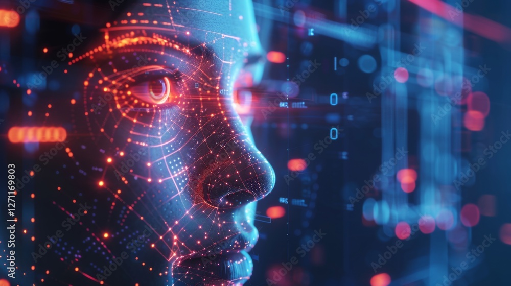 Poster A close up view of a digital head showcasing intricate patterns and glowing lines, representing the fusion of artificial intelligence and human perception.