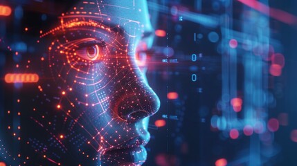 A close up view of a digital head showcasing intricate patterns and glowing lines, representing the fusion of artificial intelligence and human perception.