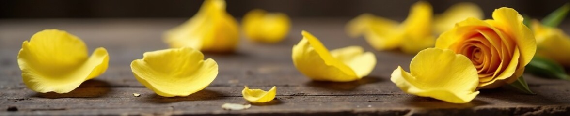 Fototapeta premium Delicate yellow rose petals falling off a worn wooden table, nature, flowers falling, fall