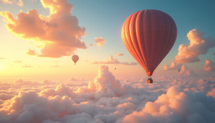Fototapeta premium Hot air balloons floating in colorful sunset clouds