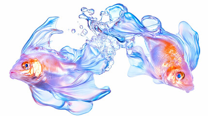 Goldfish swirling with splash on white, pet concept, aquarium background, aquatic life