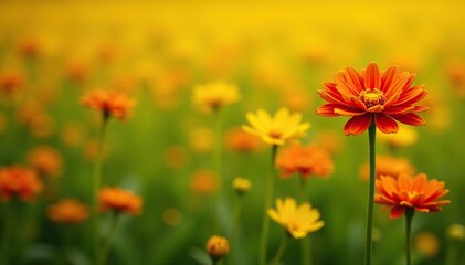 Bright orange chrysanthemum flowers in a lush yellow meadow, chrysanthemum, yellow, wildflowers