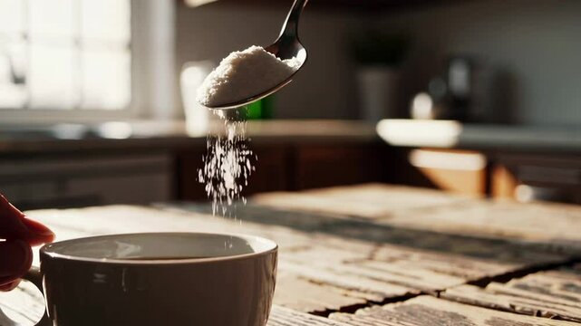 White sugar substitute powder falls from a spoon into a coffee cup in slow motion, creating a visually appealing sequence perfect for food and beverage projects
