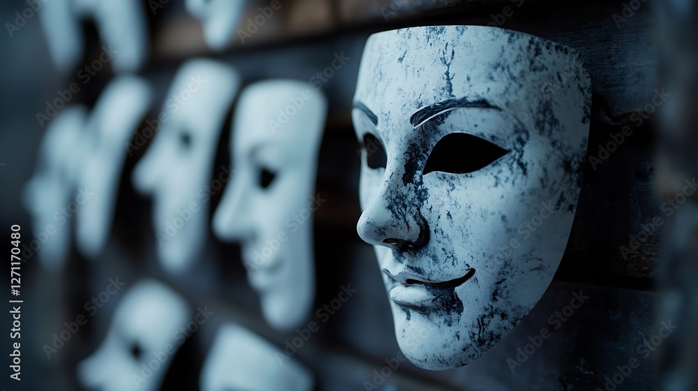 Poster A collection of unique and artistic white theatrical masks displayed on a rustic wall for a striking visual effect : Generative AI