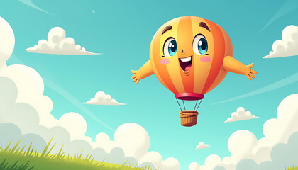 Happy cartoon hot air balloon flying in a blue sky