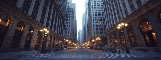 Naklejka premium Empty city street at dusk with a peaceful atmosphere, distant buildings, and glowing car lights, capturing urban solitude and evening tranquility.