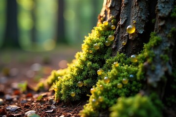 Beads of sticky sap cling to pine tree trunk surface, forest floor, natural textures