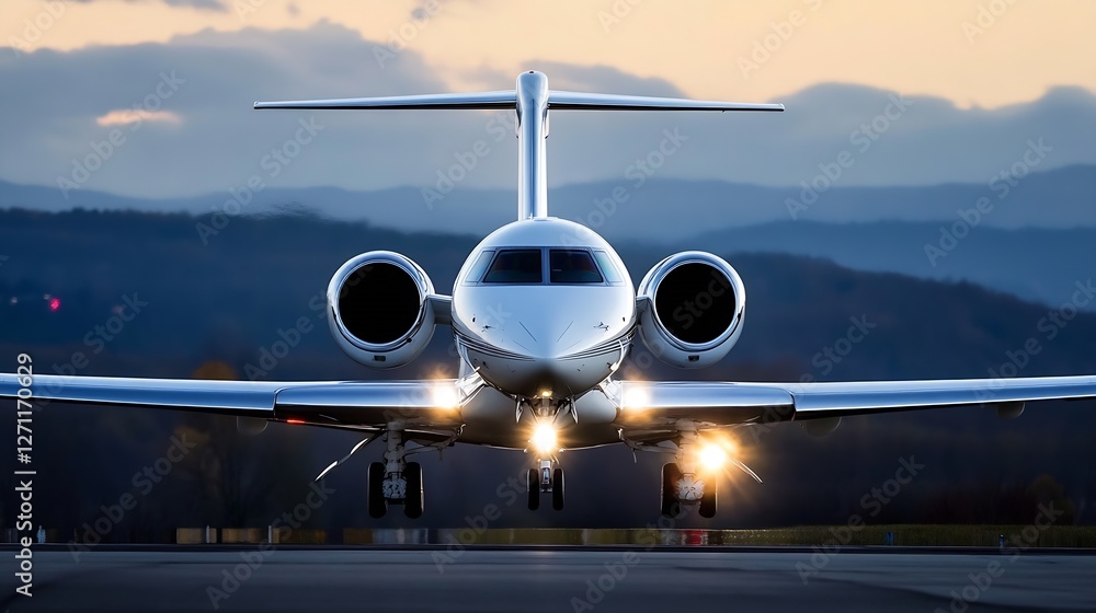 Poster sleek and modern private jet on a runway with headlights on ready for takeoff against a dramatic sun