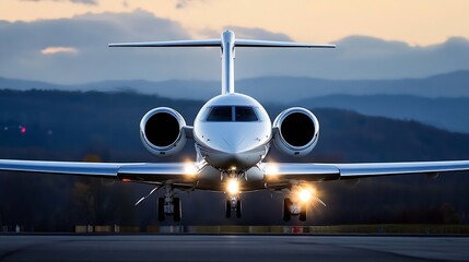 Sleek and modern private jet on a runway with headlights on ready for takeoff against a dramatic sunset backdrop : Generative AI