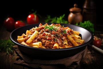 Traditional homemade lunch featuring rigatoni pasta with Italian tomato meat ragu sauce served in a pan on a dark brown background