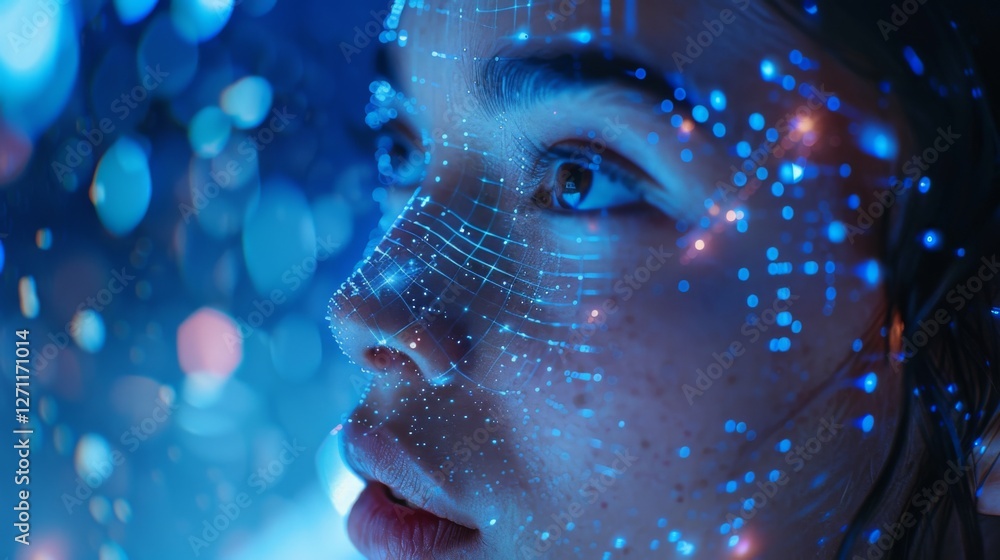 Poster A young individual gazes thoughtfully, illuminated by a swirl of blue lights and digital patterns that create a captivating visual effect, blending technology with human emotion.