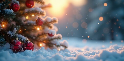 Fototapeta premium Sparkling snowflakes fall gently around a festive holiday scene, Calming Environment, Festive Decoration