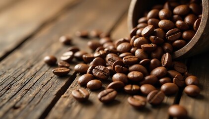 Obraz premium Roasted coffee beans scattered on a wooden table, scattered, table