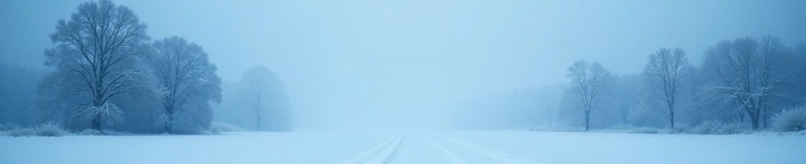 Obraz premium Dense fog creeps over snow-covered trees, casting an eerie gloom, cold, frozen landscape