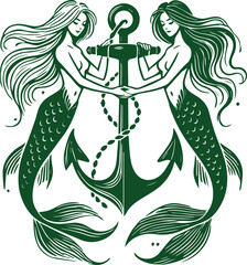 2 mermaids holding anchor vector illustration © RenatoLima