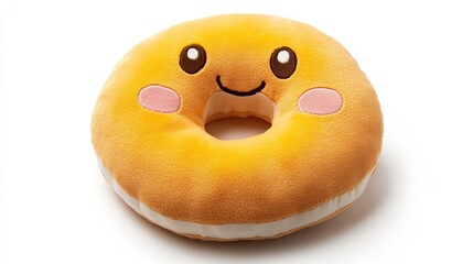 Adorable doughnut plush with sweet smile, comforting huggable object