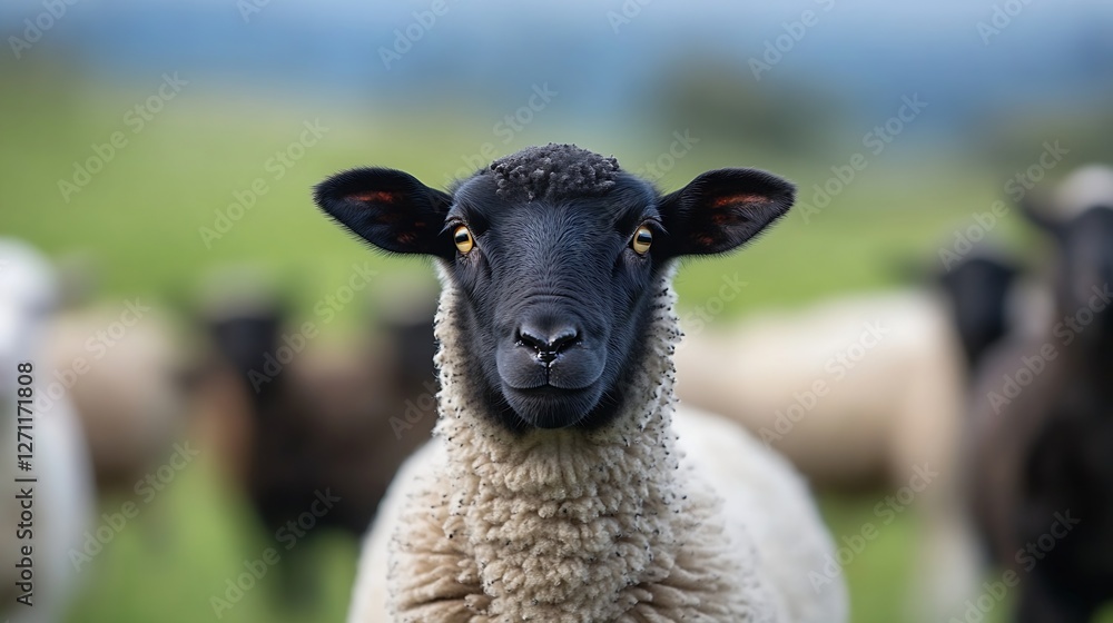 Aufkleber Curious Sheep Staring Directly at the Camera in a Green Pasture with Other Sheep in the Background : Generative AI